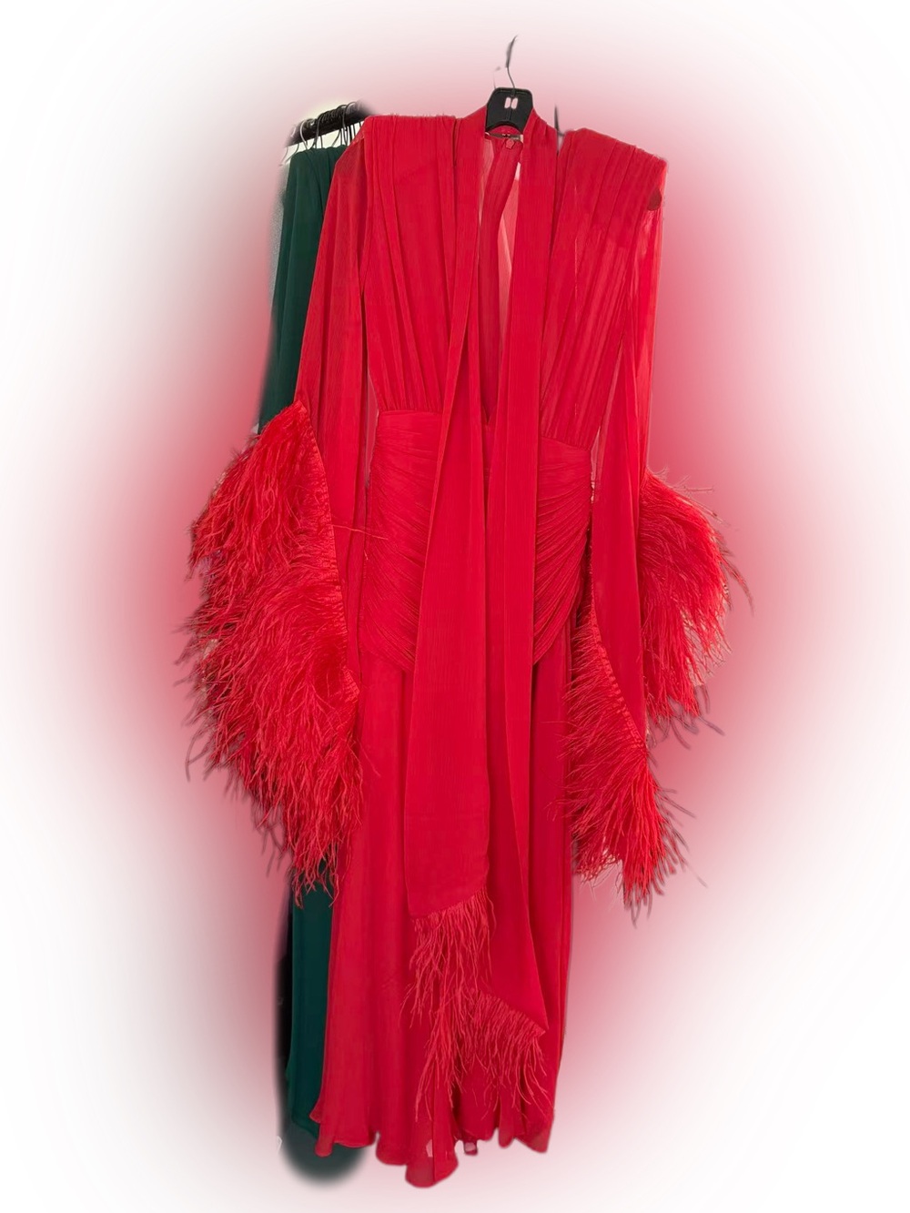 Bronx & Banco Geisha Ostrich Feather Trimmed Plunge High Slit Wrap Gown M NWOT - Picture 12 of 16